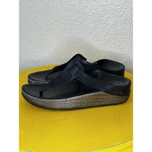 Fitflop Ibiza 401-001 Black Leather Thong Wedge Comfort Sandals Womens Size 10